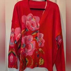 Red Floral Oversized Button Front Cardigan Sweater Women's 5XL Boho Artsy